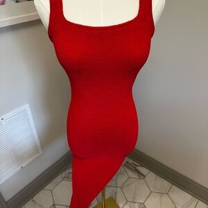 Hunza G Red Asymmetrical Knit Midi Dress